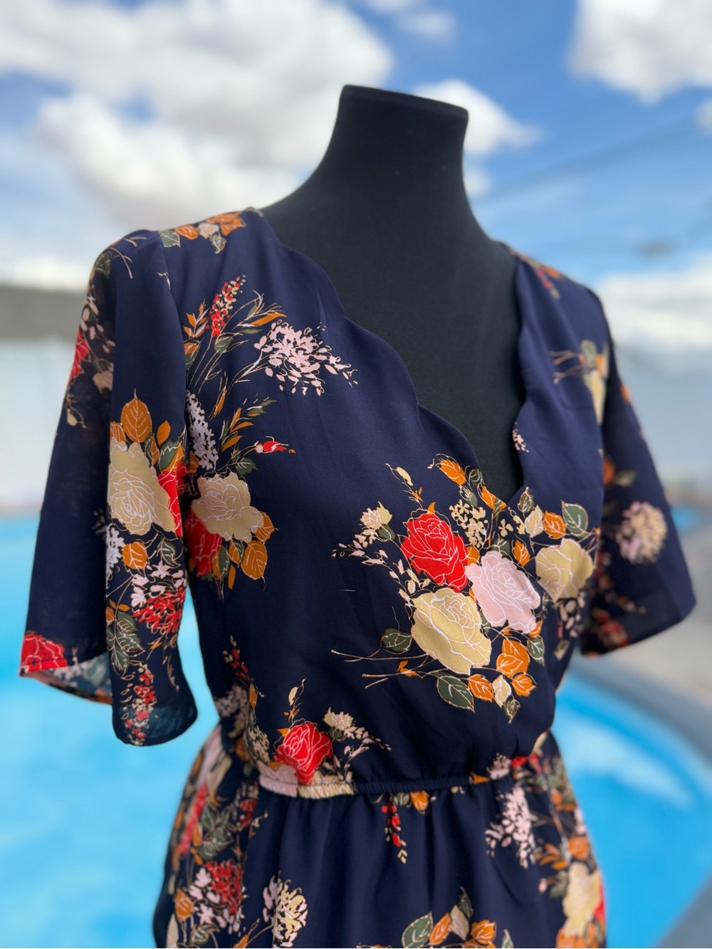 Blue Rain Navy Floral Wrap-Style Blouse